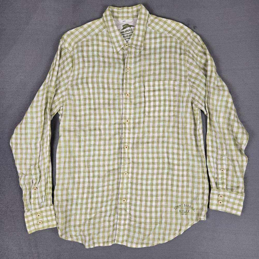 Tommy Bahama Shirt Mens Large‎ Long Sleeve 100% Linen Green White Plaid Button